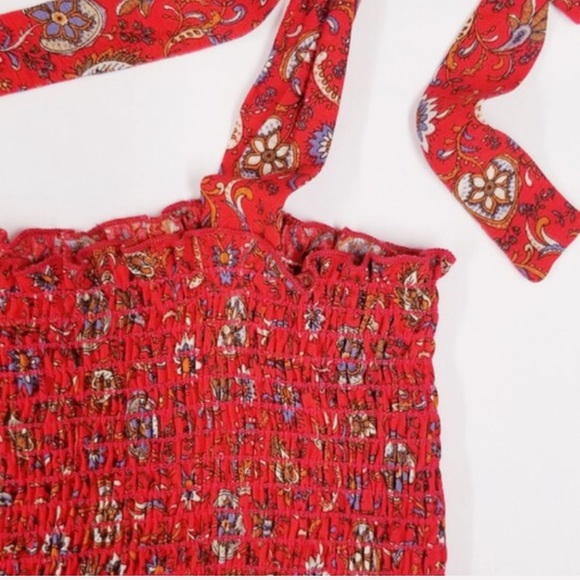 ALICE red floral smocked top tie shoulders - Picture 4 of 8